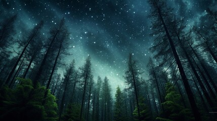 Fototapeta premium A dense forest with towering trees blending with a starry night sky, conveying the sense of wonder and awe that nature inspires
