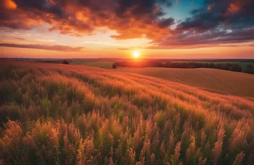 Foto op Plexiglas Sunset over the field Captivating 4K time lapse majestic sunrise or sunset landscape with stunning nature light and rolling colorful clouds © Mayer