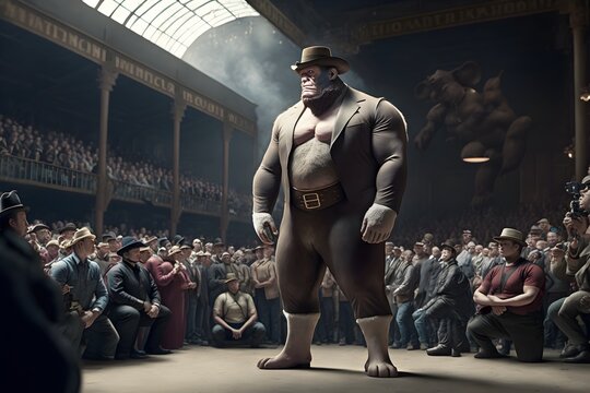 hybride strong tall gorilla man in pants in front of audience in a 19th century circus hyper realistic hyperrealistic photo realistic composition rcrowd with top hat wide angle realistic photo depth 