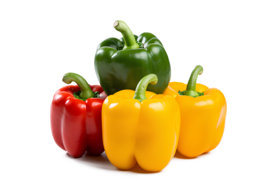 Green, Yellow, and orange bell peppers isolated on a transparent background, Generative AI
