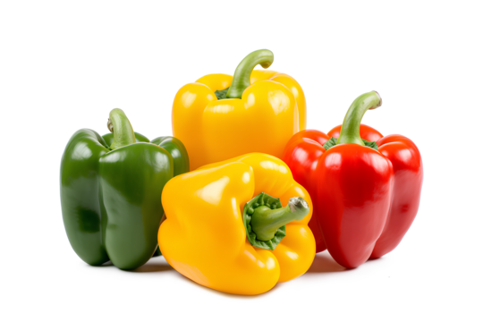 Green, Yellow, and orange bell peppers isolated on a transparent background, Generative AI