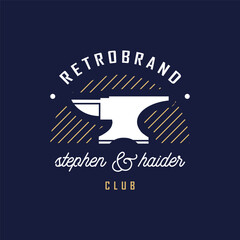 Hand drawn hammer and anvil in the rays of light. Black metal work. Blacksmithing vintage label. Monochrome style. 