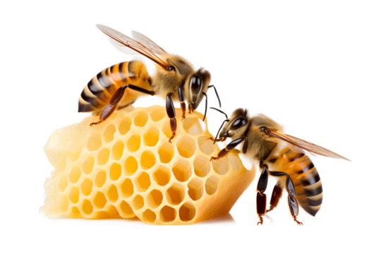 Honeycombs and a bee on a white background, Generative AI
