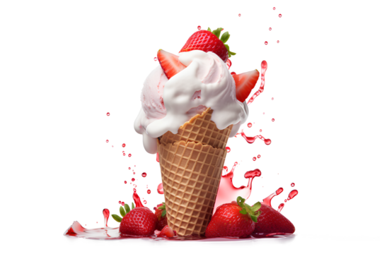 Ice cream with a strawberry on a cone isolated on a transparent background, Generative AI