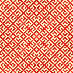 Seamless Chinese window tracery pattern. Repeated stylized red rhombuses on yellow background. Symmetric geometric abstract wallpaper. Trellis motif. Digital paper, textile print. Vector illustration