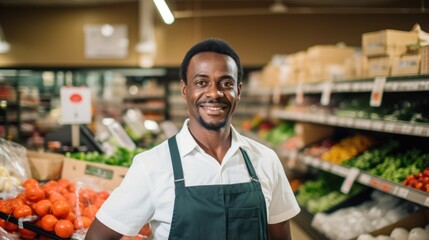 Young african male supermarket worker looking at the camera standing on a blurred grocery shop background - obrazy, fototapety, plakaty