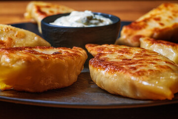 Fried Chinese large dumplings, with spicy sauce. Homemade food, Beautiful presentation, Light background.