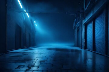A dark empty street, dark blue background, an empty dark scene, neon light, spotlights The asphalt floor and studio room with smoke float up the interior texture. 