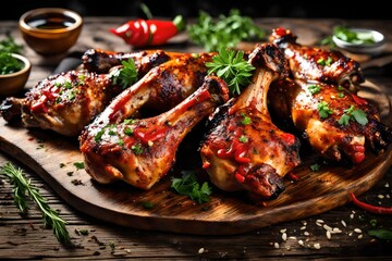 Traditional barbecue chicken legs and  with  chili marinade and herbs served as close-up on a rustic wooden board