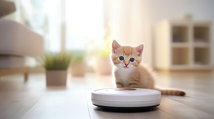 Little fluffy kitten next to a round automatic robot vacuum cleaner. Cozy house, modern home cleaning technique.  - obrazy, fototapety, plakaty