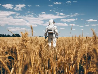 Astronaut in space suit walking on wheat field and looking at camera, environment concept, futuristic, new planet