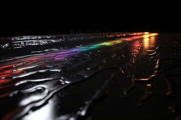 3D-rendered wet asphalt with neon light reflections and smoke on black background. Generative AI - obrazy, fototapety, plakaty