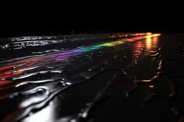 Foto op Aluminium 3D-rendered wet asphalt with neon light reflections and smoke on black background. Generative AI © Leila