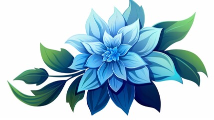 Fototapeta na wymiar creative illustration of blue flower with green leaves isolated on white background