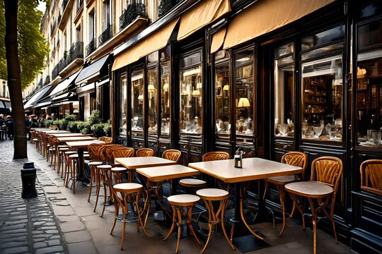 Fototapeta Charming parisian sidewalk cafe,outdoor tables, Paris, France.