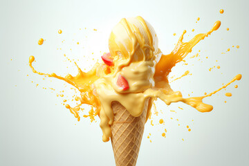 Mango soft ice cream cone with fruit splash, Generative AI