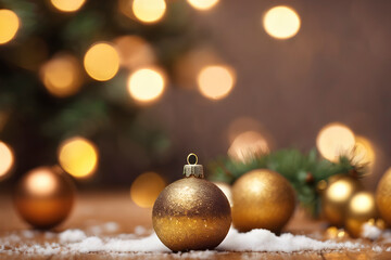 blurry background with christmas tree decoration, Winter themed home decor, golden christmas ball