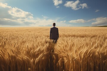 Rear view of businessman alone in suit looking at wheat field at sunset, business concept, enterprise concept, introspective image - obrazy, fototapety, plakaty