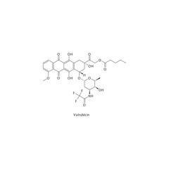 Valrubicin flat skeletal molecular structure Anthracycline drug used in Bladder cancer treatment. Vector illustration.