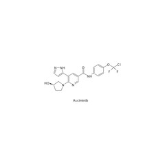 Asciminib flat skeletal molecular structure Tyrosine kinase inhibitor (TKI) drug used in Chronic myelogenous leukemia treatment. Vector illustration.