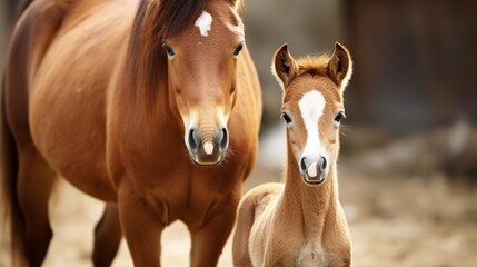 Cute Brown Baby Foal standing near its Mother