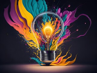 Un estallido de colores vibrantes explota desde una bombilla creativa, iluminando el lienzo con nuevas idea