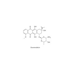Daunorubicin flat skeletal molecular structure Anthracycline drug used in Acute myleloid leukemia, Chronic myelogenous leukemia treatment. Vector illustration.