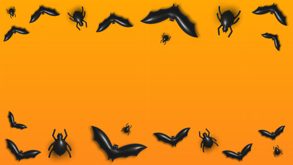 Happy Halloween holiday concept. Halloween decorations, spiders and bats on orange background
flatlay view