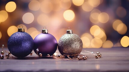Purple and golden christmas balls on tablepot on blurred bokeh lights background