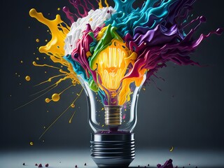 Da rienda suelta a tu creatividad con una explosión de energía colorida, mientras una bombilla se rompe y libera un espectro de ideas e inspiración - obrazy, fototapety, plakaty