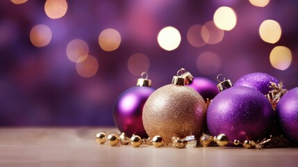 Purple and golden christmas balls on tablepot on blurred bokeh lights background
