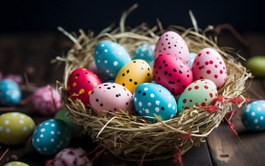 Painted Easter eggs in a straw nest.