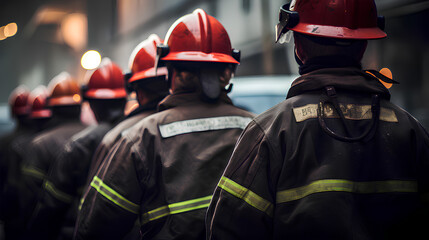 Backvieww of a firemans in uniforms and red helmets.