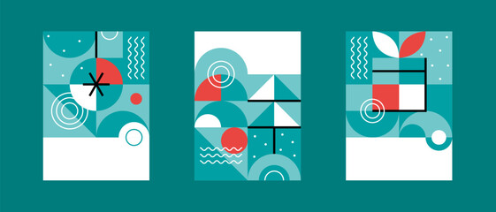Fototapeta premium Set of festive banner in Bauhaus style with copy space.Christmas tree, Christmas ball and gift box.New Year and Christmas.Advertising flyer.Vector stock illustration.