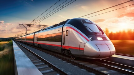High speed train on the railway in movement - obrazy, fototapety, plakaty