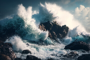 Fototapeta na wymiar mesmerizing sight of waves crashing against rugged rocks, with sea foam spraying into the air