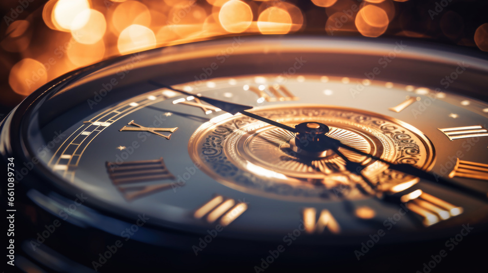 Wall mural close up of a clock striking midnight, new year celebration 2024 concept.