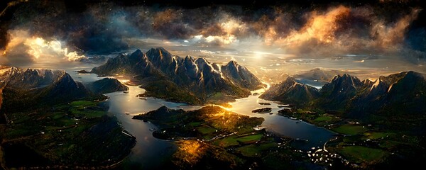 aerial view of a Norwegian landscape with fjords and high mountains sunset intricate detail hyper realistic render visualization mountains hdr 8k epic 8k macro photographic realistic nebula glow  - obrazy, fototapety, plakaty