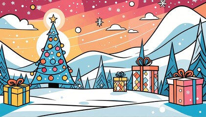 comic style snowy scene with a minimalist Christmas tree adorned with sleek, geometric ornaments, surrounded by twinkling lights and enchanting, colored presents. Graphic illustration, comic art