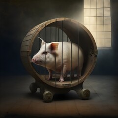 cochon dinde dans sa cage avec une roue mangeoire abrevoir  - obrazy, fototapety, plakaty
