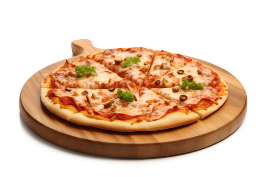Pizza on a brown wooden tray isolated on a transparent background, Generative AI
