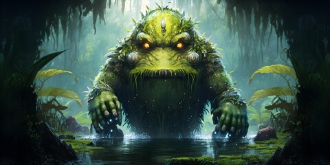 A hairy scary wet dark beast swamp humoid like creature and is located in a jungle swamp 3 beautiful jungle swamp setting swamp alien creature glisten creature sparkles around creature alien on lily  - obrazy, fototapety, plakaty