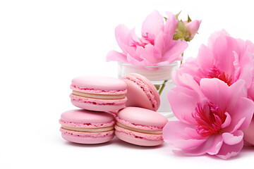 Obraz na płótnie Canvas Sweet macaroons and pink carnations placed on table on a white background, Generative AI