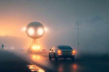 alien invasion in morning fog light  - obrazy, fototapety, plakaty
