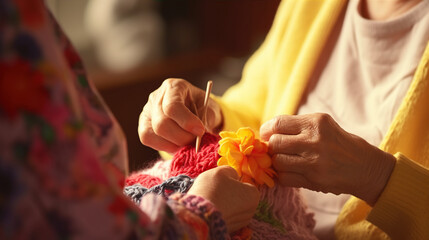 Knitting or Crocheting: A caregiver engages an elderly person in knitting or crocheting - obrazy, fototapety, plakaty
