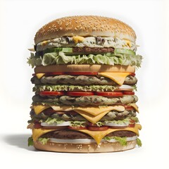 very very tall big mac with thirty patties thirty layers of meet on a white screen hyper realistic cinematic v5 