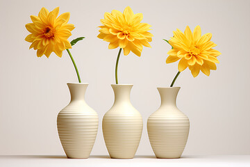 Three yellow flowers in a vase on a white background, Generative AI