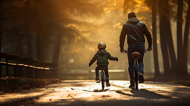 Father teaching his son cycling at park, photography