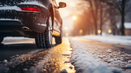 Winter Wonderland, Close-Up of Snow-Covered Car Tires embarking on a Frosty Road - obrazy, fototapety, plakaty