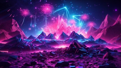 Abstract neon background with pink and blue fireworks over a cosmic landscape framed in UV light within a virtual reality space that includes mountains rocks and a grid - obrazy, fototapety, plakaty